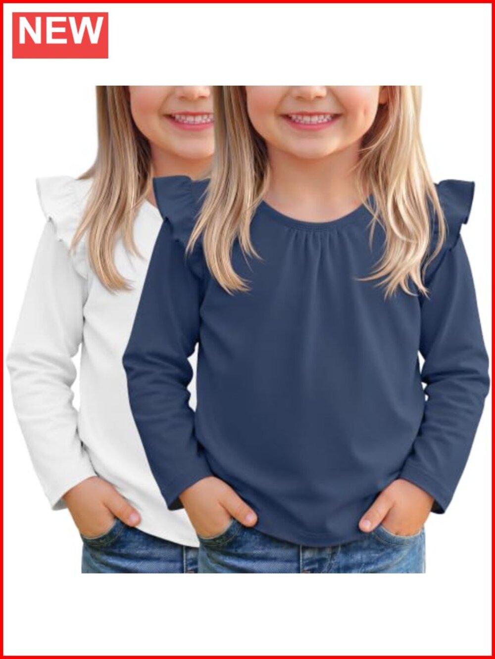 2 Pack Toddler Girls Long Sleeve Ruffle Tops Soft Stretch Tees